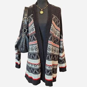 Gorgeous Merona Black, White and Red Geometric Long Cardigan